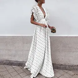 Для женщин горошек печатных длинное платье 2019 Мода V средства ухода за кожей Шеи Eveing Вечернее vestidos женский SJ1991E
