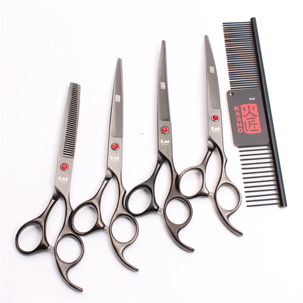 5Pcs Suit 7'' Japan Kasho Comb +Cutting +Thinning +UP&Down Curved Shears Pets Flur Hairdressing