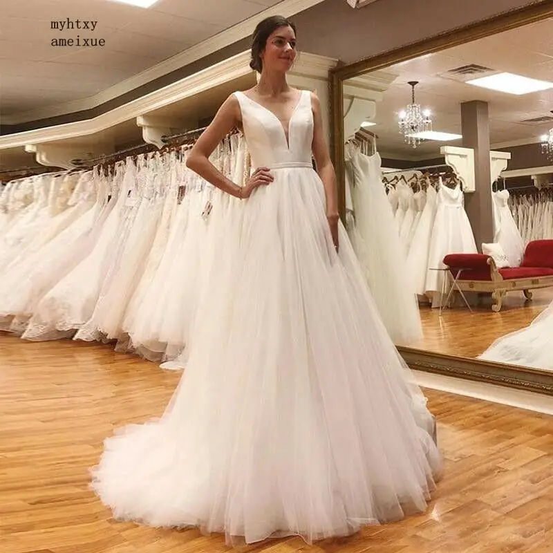 

Robe De Mariee A-line Sexy V Neck Tulle Cheap Beach Boho Wedding Dress 2019 Backless Top Satin Bridal Gown Vestido De Noiva