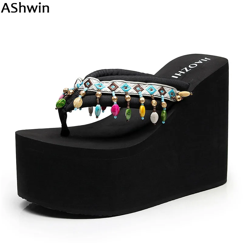 AShwin women wedge platform sandals ethnic bohemia flip flops fashion ...