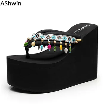 

AShwin women wedge platform sandals ethnic bohemia flip flops fashion fringe slippers slides sandal super high heels tassel