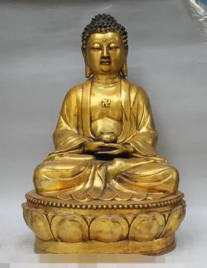 

S6065 21" Tibet Buddhism Bronze Gilt Seat Hold Bowl Shakyamuni Amitabha Buddha Statue D0318
