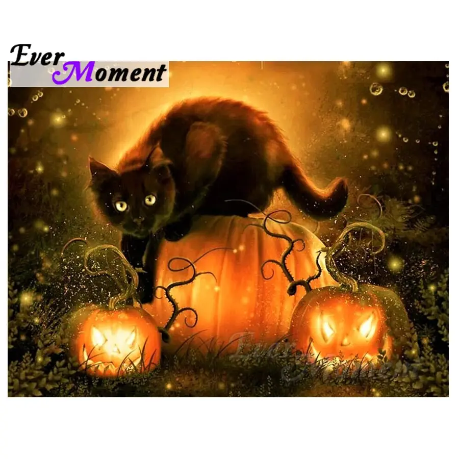 

Ever Moment Diamond Painting 5D DIY Cat Halloween Pumpkin Cross Stitch Diamond Embroidery Picture Mosaic Rhinestone S2F430