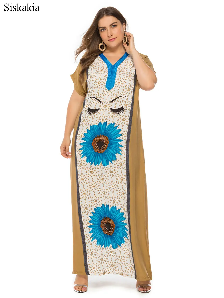 Siskakia Retro Maxi Long Dress Women Flower Print Big Size Viscose Fabric Summer Dresses V neck Short Sleeve Size XXL XXXL 2019 (2)