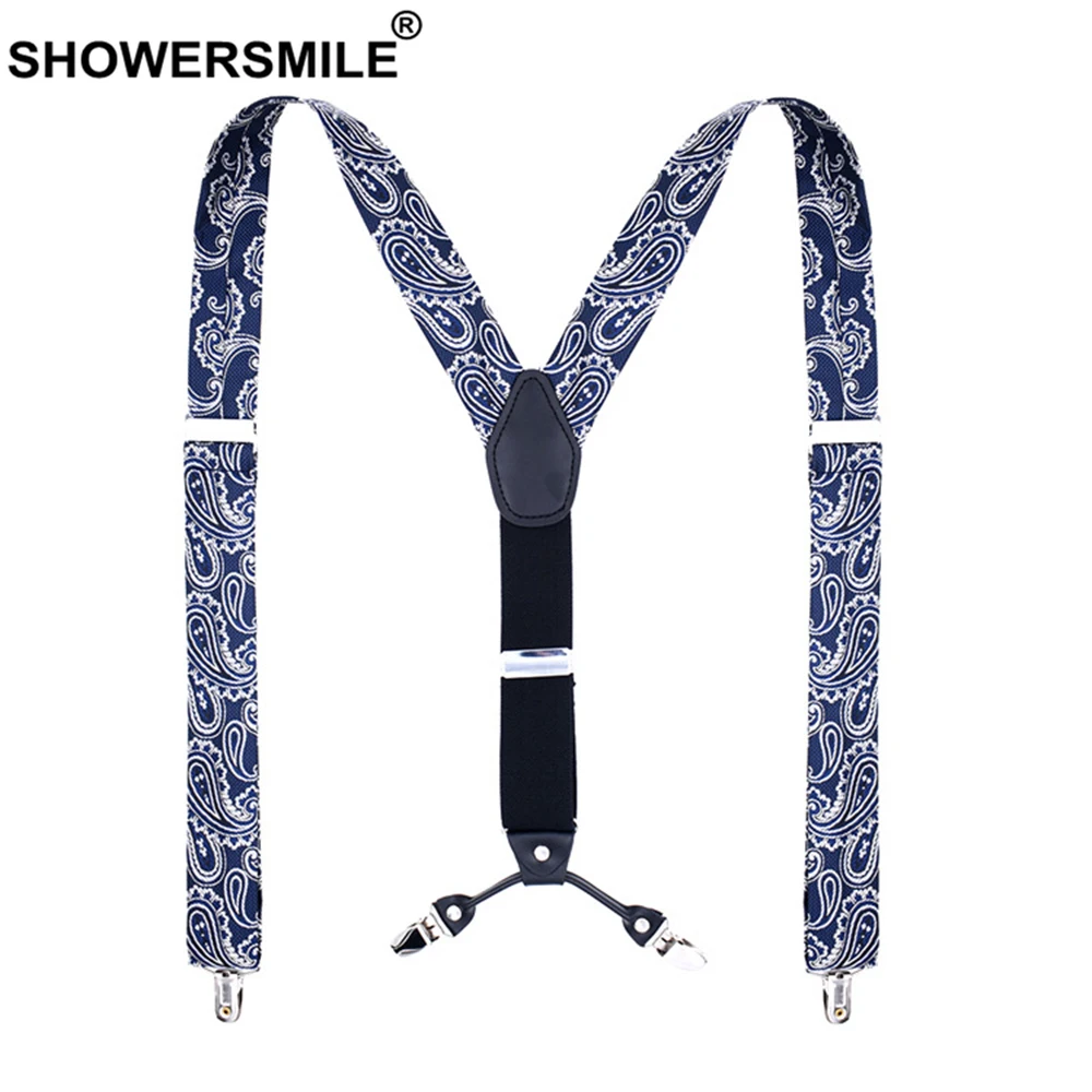 SHOWERSMILE подтяжки с принтом мужские модные черные подтяжки для мужчин 120 см Y сзади 4 зажима мужские Эластичные подтяжки для брюк