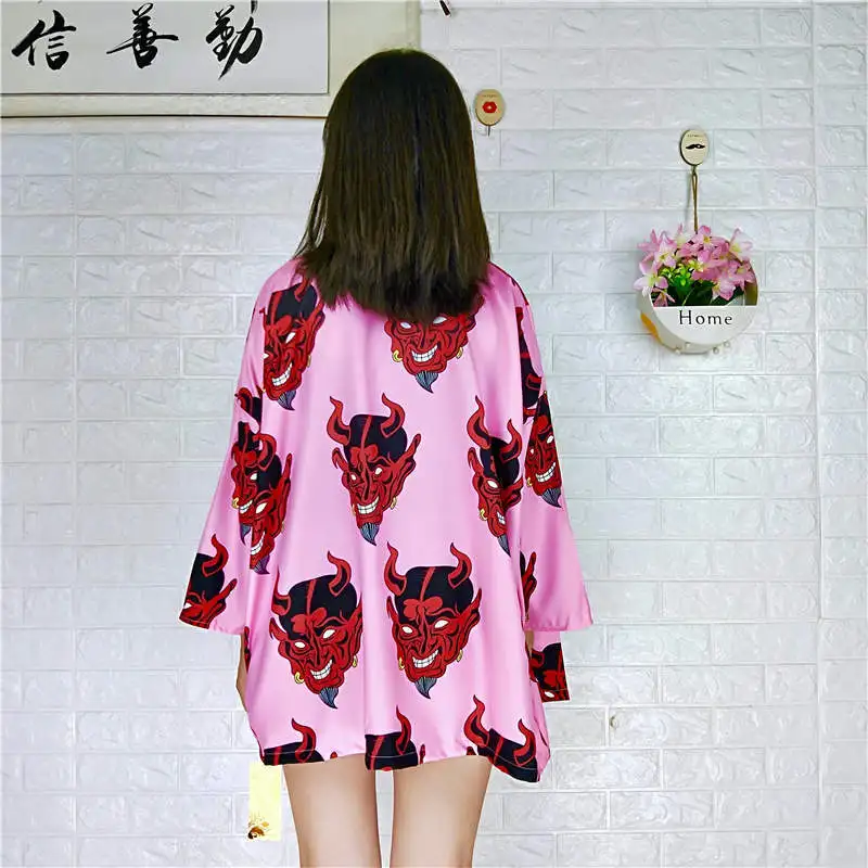 Neploe японский кимоно кардиган дьявол Печать рубашка Harajuku женские солнцезащитные блузки свободные шифоновые розовые рубашки Blusas 35587