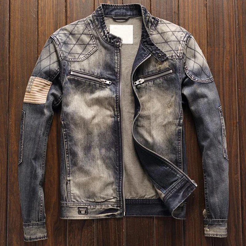 

Retro Fashion Slim Fit Mens Jeans Automotive Jacket Coats American Flag Patchwork Male Dress Suit Denim Coat Outerwear 2018 A192