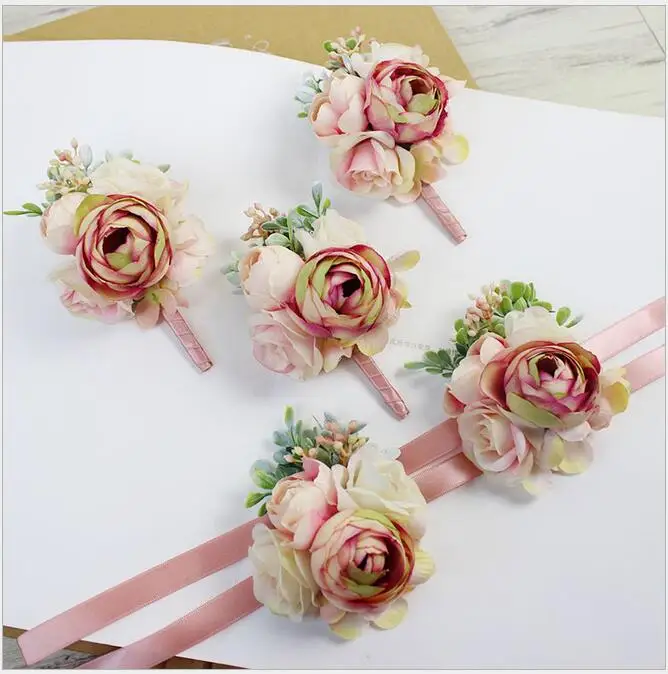 

6Pcs DIY pink corsage flower Free shipping bride groom bridesmaids corsage brooch hand wrist flower wedding photography props