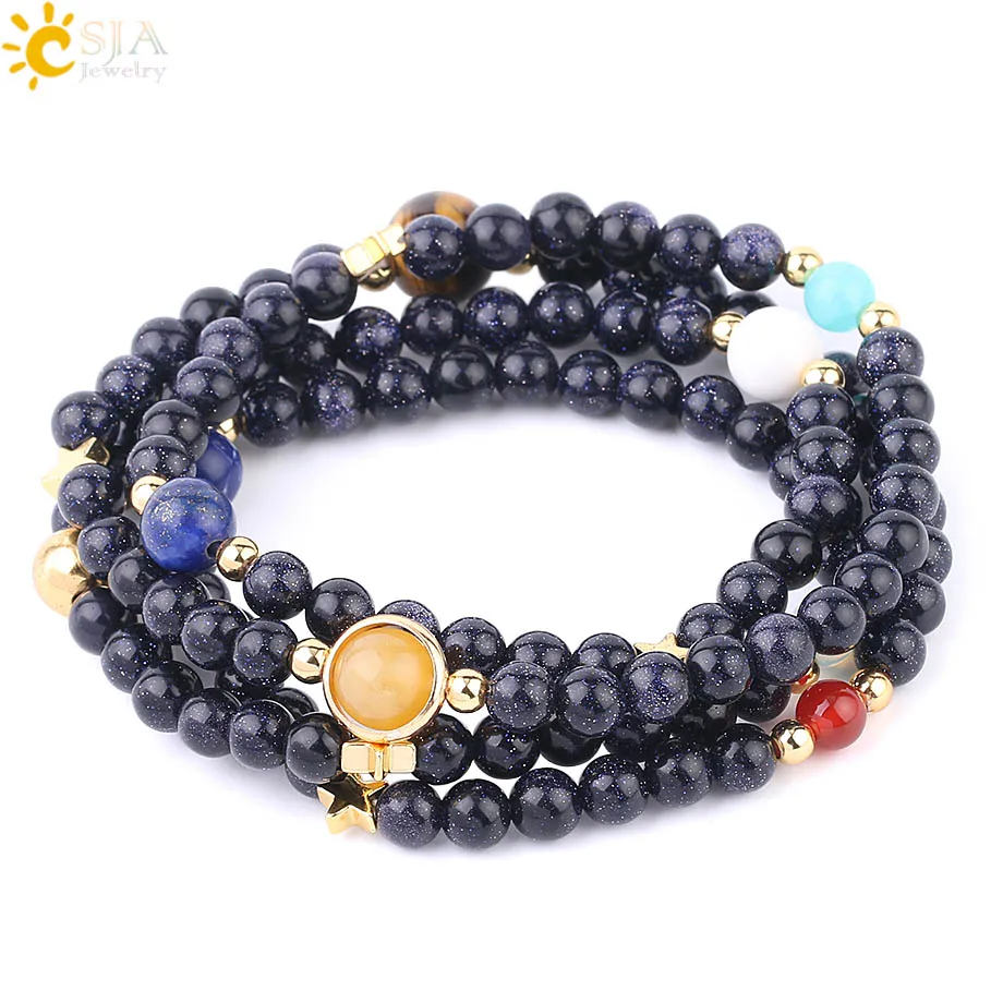 

CSJA Universe Planet Beads Bracelets Gems Stone Wrap Bangle Natural Solar System Energy Bracelet Men Women 2018 Jewelry F591