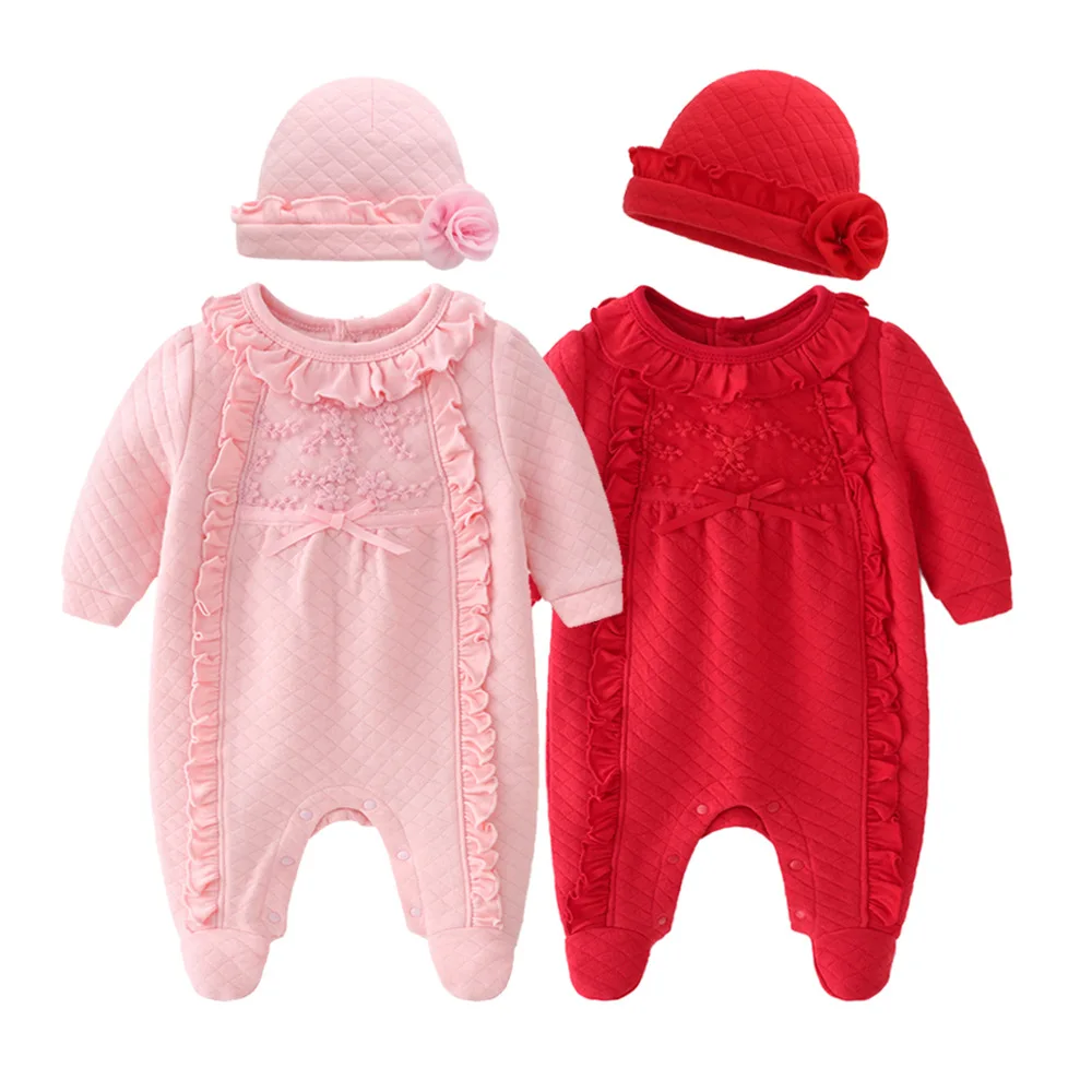 Newborn Baby Girl Cotton Ruffle Thicker Footies 1piece Overall with Cap