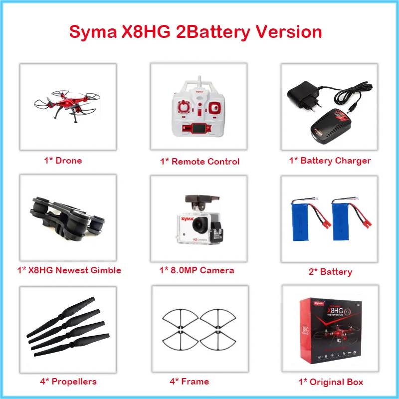 Syma X8HG RTF RC дроны Квадрокоптер с 8.0MP 1080 P камера HD, автоматический режим высокого давления воздуха без головы VS X8 PRO - Цвет: X8HG Red 2Battery