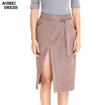 

Women Winter Spring Skirt Split Jupe with Waist Belt Female Fall Fashion Brown Solid Color Knee-Length Skirts Clothing