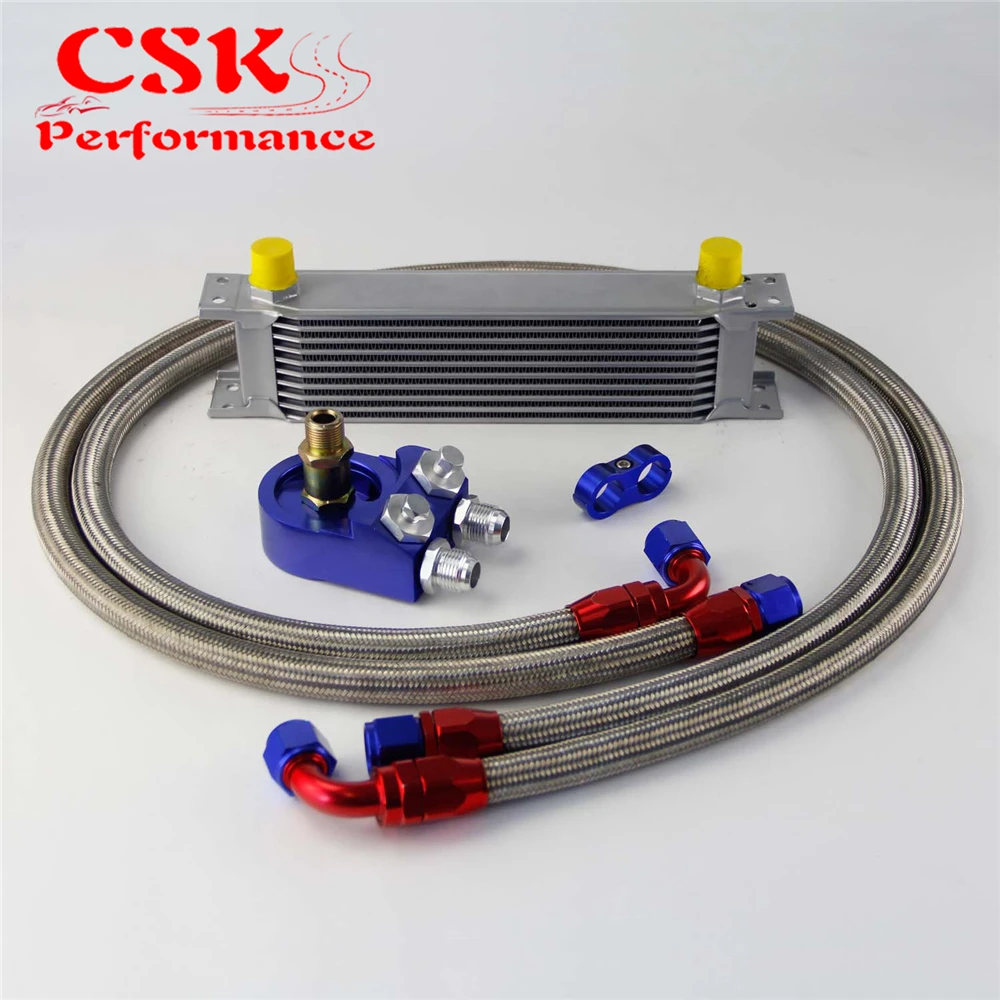 #^Special Price Universal 10 Row 248mm AN10 Engine Transmission Oil Cooler British Type + Aluminum Filter Adapter Kit Blue