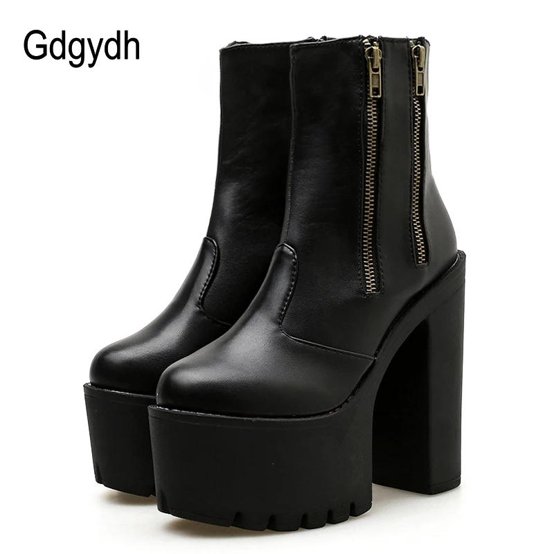 

Gdgydh 2019 Women Ankle Leather Boots Ultra High Platform Heels Black High Heels Female Shoes Rubber Sole Zipper Casual Shoes
