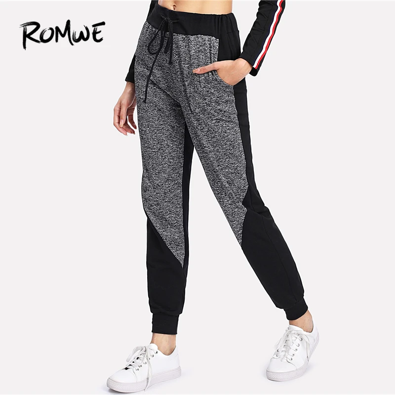 Romwe Sport Grey Drawstring Mid Waist font b Fitness b font Jogging Pants Women Gym Exercise