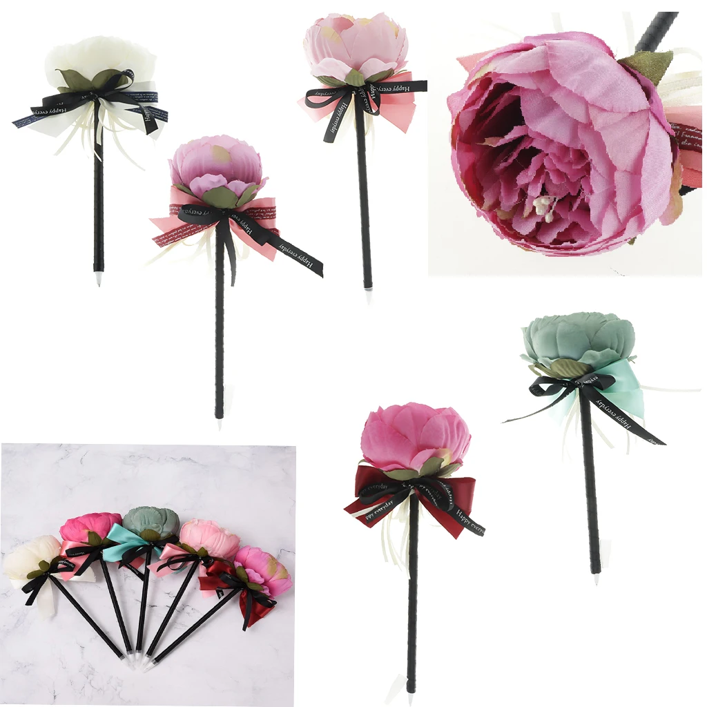 Wedding Guest Book Signing Pen Banquet Party Prom Crystal Ribbon Peony Flower Ball Pen With Ribbon And Flower Ball Decor