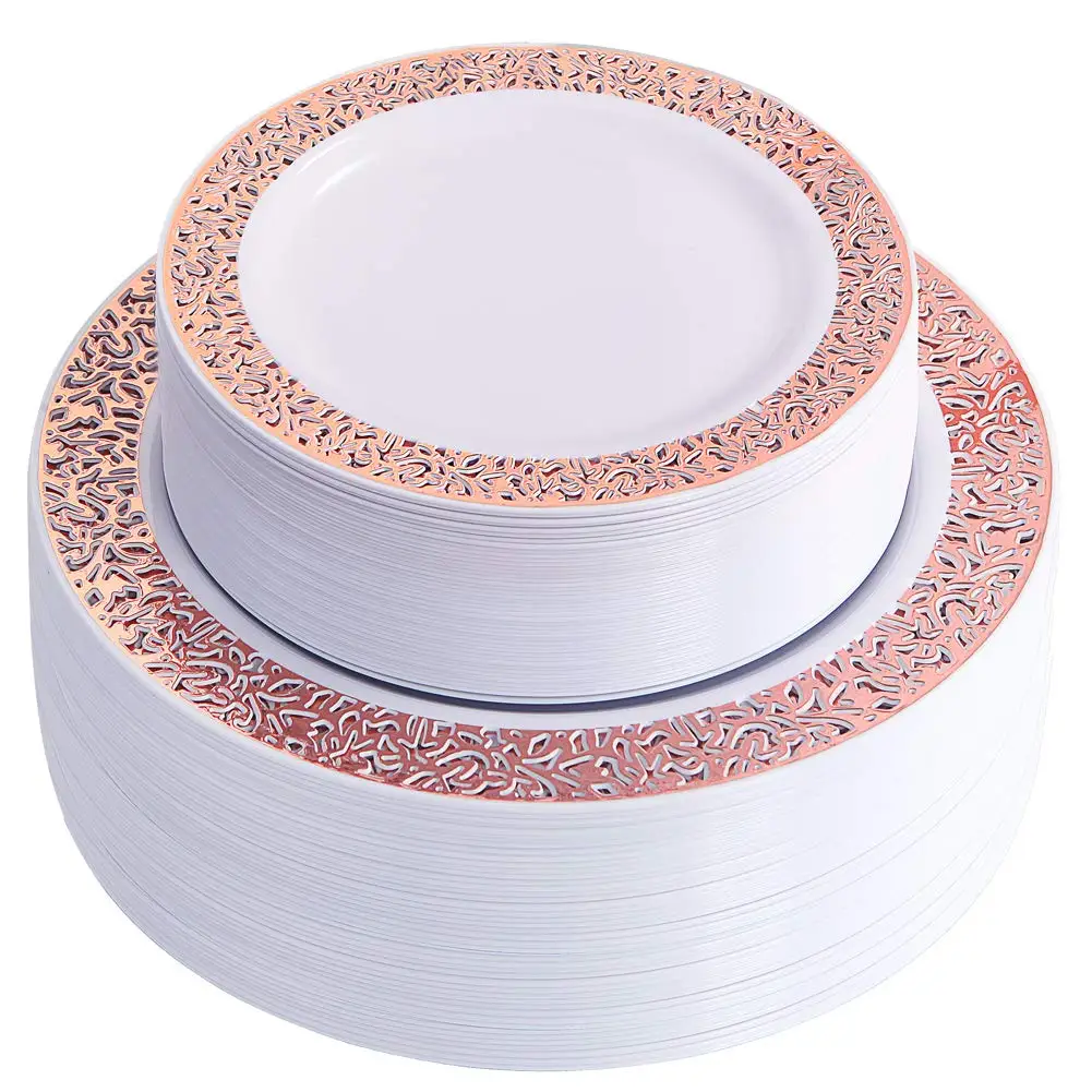 100 Piece Plastic Party Plates White with Gold Lace Design 50 Premium Heavy Duty 10.25 Inch Dinner Plates and 50 Disposable 7.5 Inch Dessert Appetizer Elegant Fancy Heavy Duty Wedding Plates