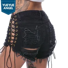 Новинка, сексуальные летние женские джинсовые шорты, черные, синие, белые рваные короткие джинсы, высокая талия, кисточка, шнуровка, бандаж, Harajuku шорты