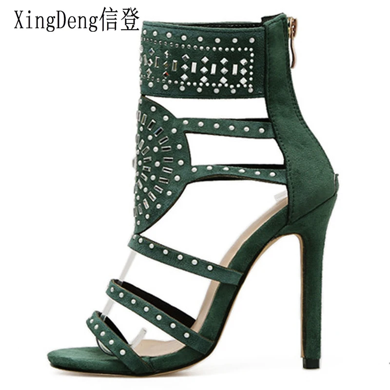 

XingDeng Women Summer Cross Strap High Heels Sandals Shoes Ladies Zip Thin Heels Bandage Sexy Party Rhinesostone Sandal Shoes
