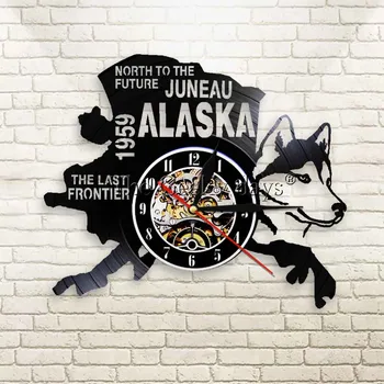 

1Piece Alaska Decor USA States City Vinyl Record Clock Wall Decoration Modern Vintage Gift Alaska Dog Wall Clock