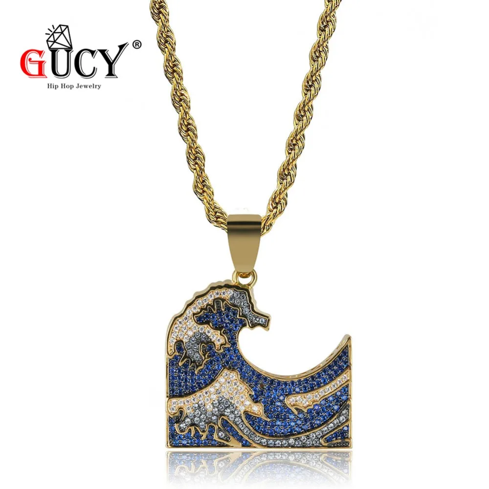 

GUCY The WavesPendant Necklace Gold Color Iced Out Micro Pave Cubic Zirconia Stones Hip Hop Pendants & Necklaces for Men Women