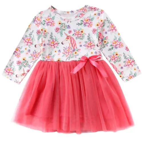 

Newborn Baby Girls Unicorn Long Sleeve Tutu Lace Dress Bowknot Dress Outfits