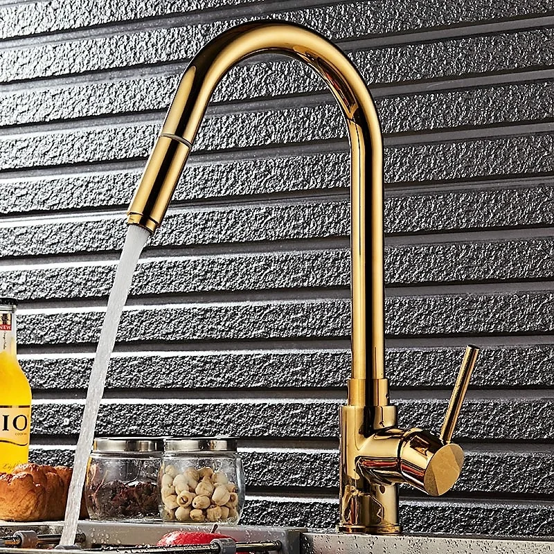 style all copper telescopic kitchen faucet, golden dish basin, kitchen