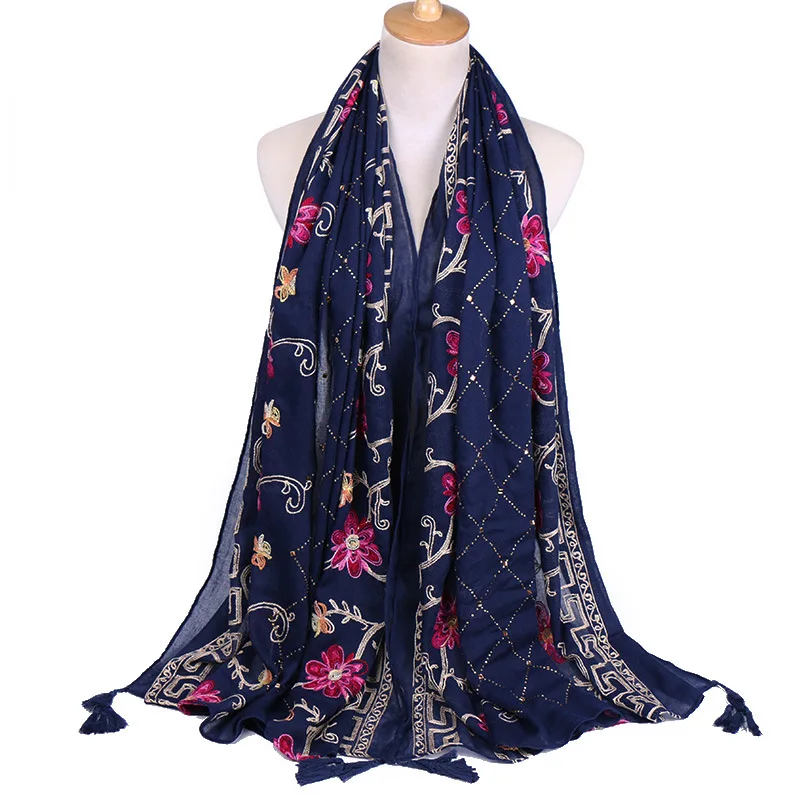 

Fashion Embroider Floral Viscose Hijab Scarf Maxi Wrap Scarves Autumn Headhand Shawl Muslim Diamond Islamic Print Tassel Scarves