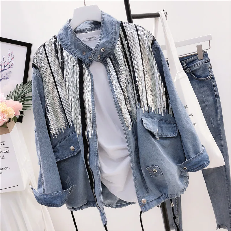 Женская джинсовая куртка с блестками модная куртка-бомбер длинными рукавами