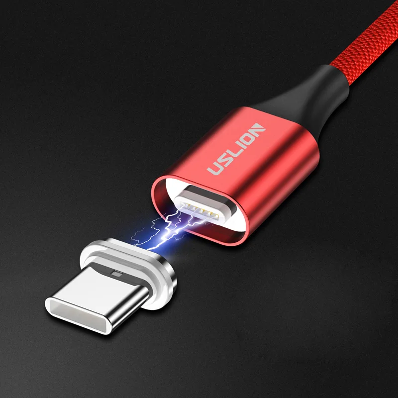 USLION Магнитный USB кабель Micro usb type C кабель для iPhone samsung S10 Plus 3A Быстрая зарядка магнит зарядное устройство кабели для мобильных телефонов - Цвет: Red