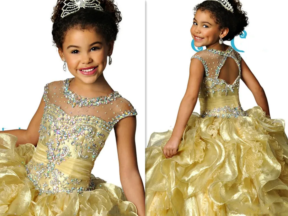 Famous Sheer Crew Neckline Organza Beaded Crystal Backless Ruched Girls Pageant Dresses Formal Kids Wear
