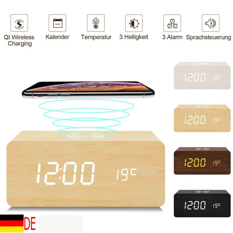 Креативный Голосовое управление СВЕТОДИОДНЫЙ Будильник Светящиеся цифровые деревянные настольные часы с Индукционным бесшумным беспроводным зарядным устройством отображение даты