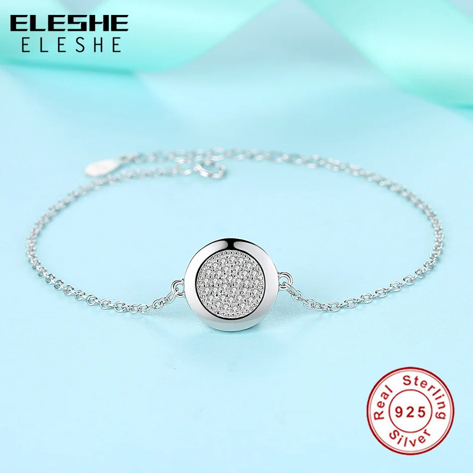 ELESHE Authentic Pure 925 Sterling Silver Clear CZ Round Charm Bracelets & Bangles Luxury Sterling Silver Jewelry