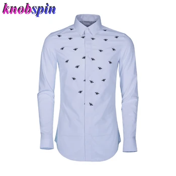 

Fashion Bees Embroidery Shirts men 2019 long sleeve Casual Slim Camisas Turn-down collar 80% Cotton Business male Dress Shirts