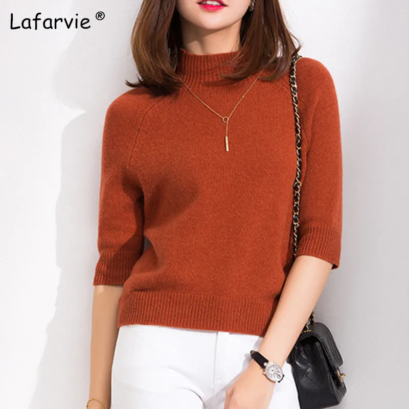 Lafarvie, новинка, тонкий вязаный свитер, Женский пуловер, с коротким рукавом, водолазка, сплошной цвет, кашемировый свитер, вязаный джемпер - Цвет: caramel