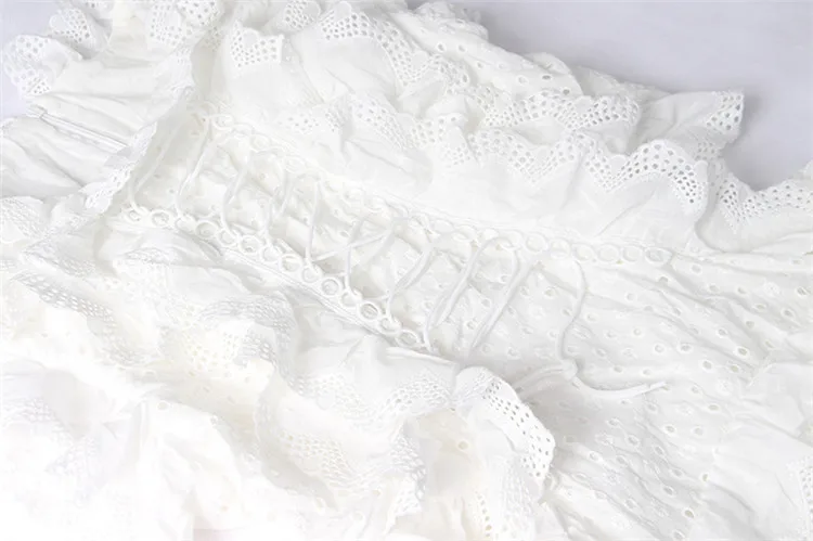 Женское летнее платье, белое кружевное ажурное платье с воротником-стойкой без рукавов с высокой талией