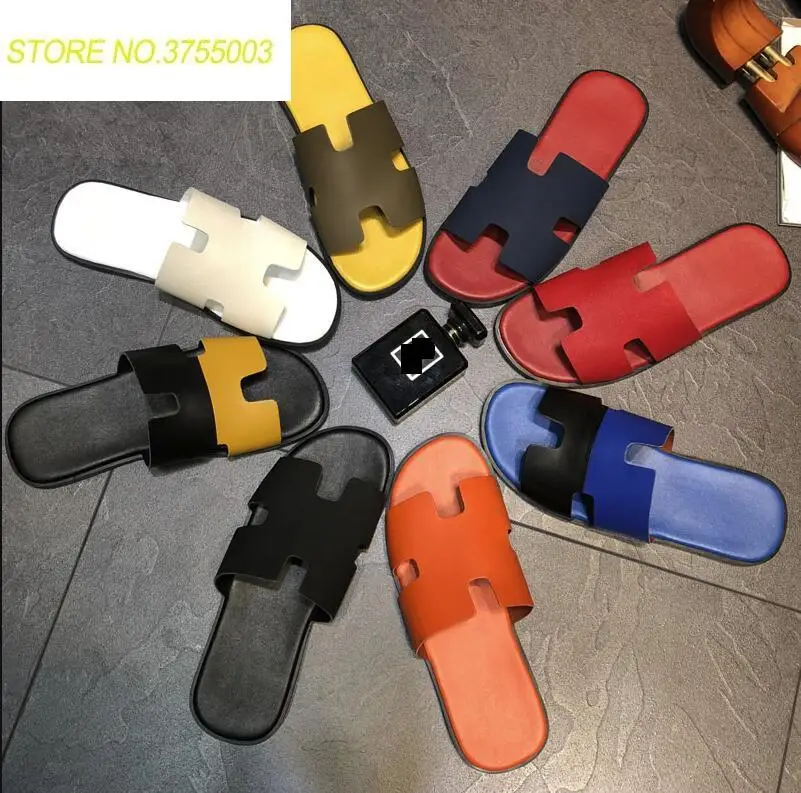 

Men Slippers Flat heel Genuine Leather Summer Beach Sandals Mens Slides Comfortable Leisure Shoes