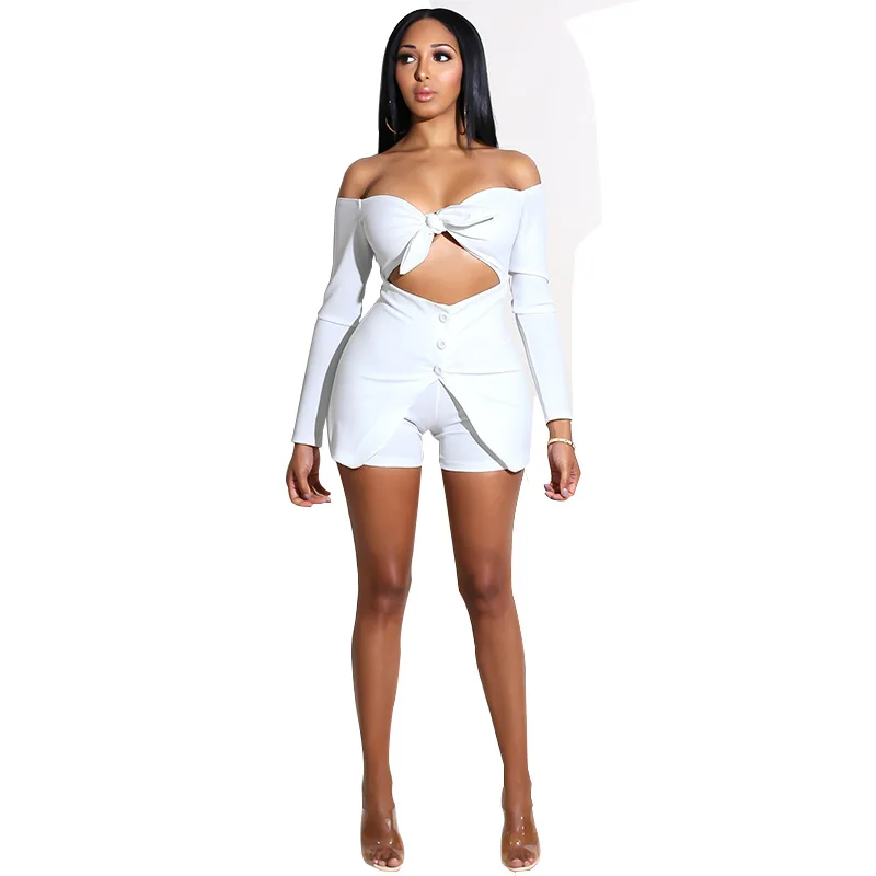 

2018 Sexy Slash Neck Playsuits Women Bodycon Solid Long sleeve Sheath hollow out skinny Overalls