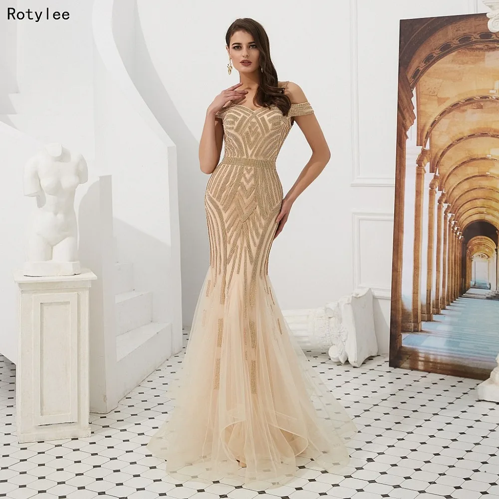

Off-the-Shoulde Champagne Mermaid Prom Dresses with Heavy Crystal Sweep Train Elegant Long Evening Party Dress