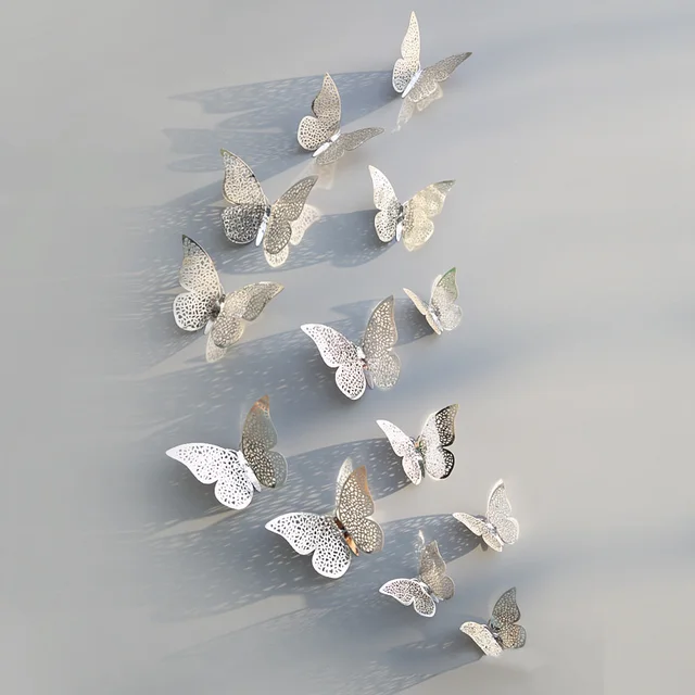 12Pcs 3D Hollow Butterfly Wall Sticker For Home Decoration DIY Wall Stickers For Kids Rooms Party Wedding Decor Butterfly Fridge silver2
