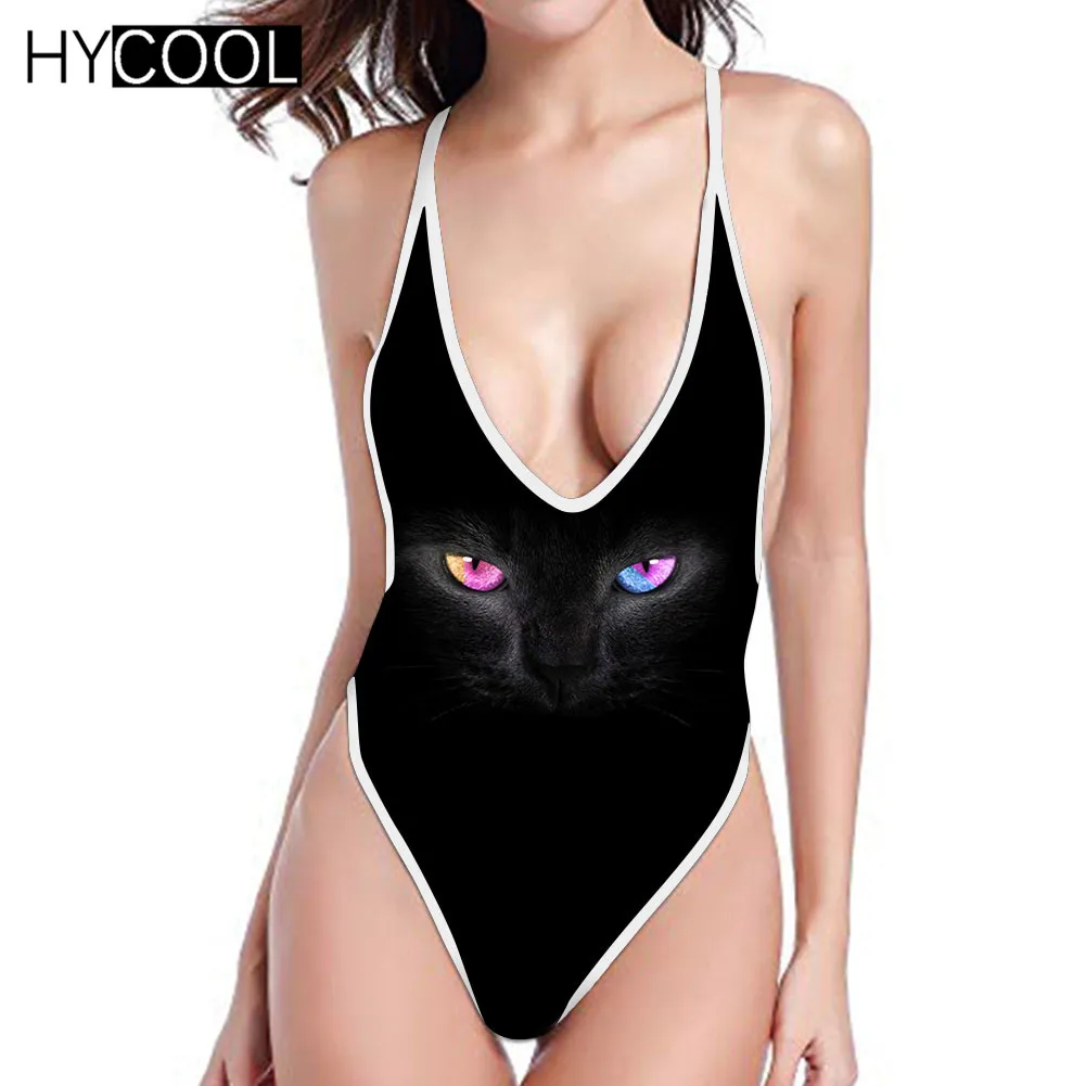 

HYCOOL One Piece Swimsuit Bikini Plus Size Cat Swimsuit Bikini Push Up Black White Cute Cat Push Up Monokini Fato De Banho 2019
