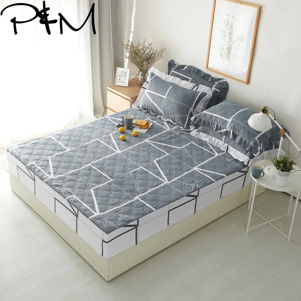 

Papa&Mima thick quilted Fitted Sheet Set Fashion line print Bed cover Pillowcases 3pcs Mattress Cover twin Queen King Size