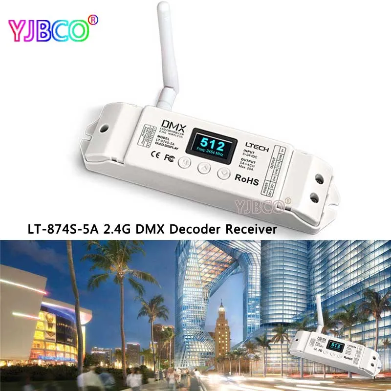 

2.4G Wireless controller LT-870S DMX512 transceiver LT-874S-5A 4 CH DMX Decoder OLED Display for LED RGBW Strip