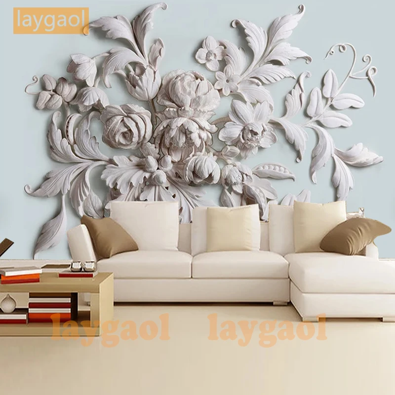 

Custom Photo Wallpaper Murals 3D Europe style white peony flowers relief Mural Wall Home Interior Decoration Wall Paper