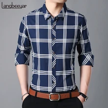 Модная брендовая мужская клетчатая приталенная уличная одежда с длинным рукавом, рубашки в клетку на пуговицах, повседневная мужская одежда