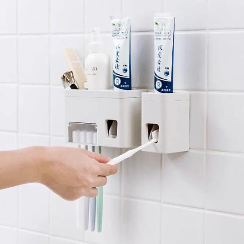 

Punch-free 2458 adhesive wall hanging automatic toothpaste toilet toothpaste toothbrush rack Holder Cup Wall Mount Washing Sets