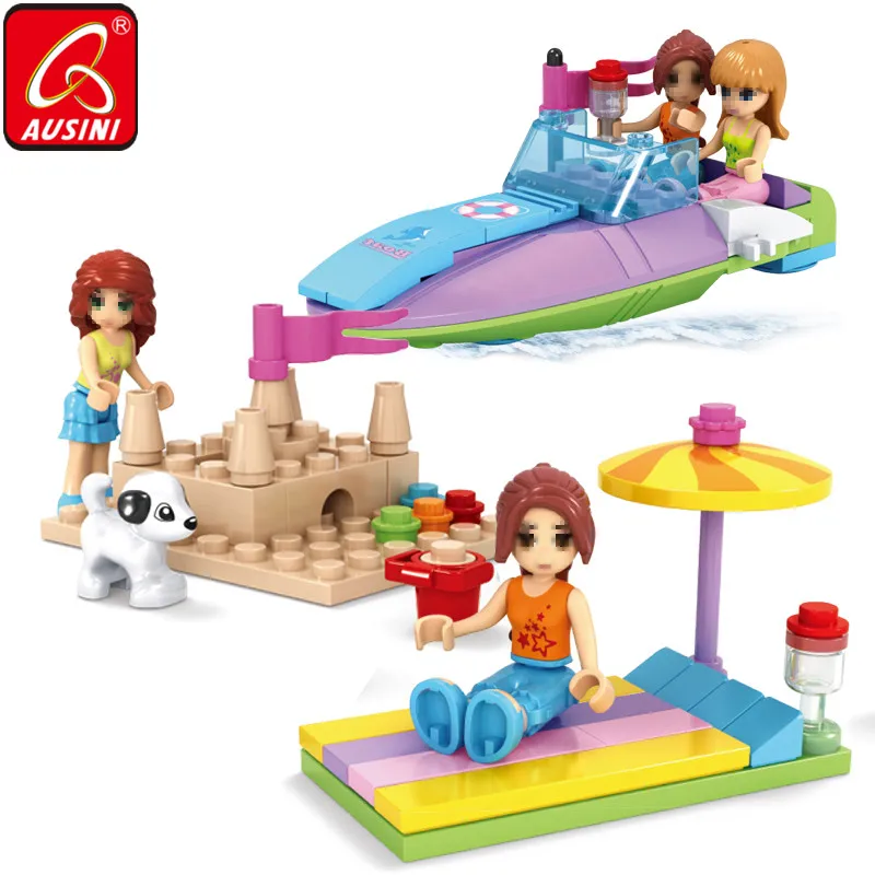 AUSINI Princess Girls Figure Blocks Beach Boat Kids Model Building Bricks Kits Creative DIY Toys for Children Legoed Compatible