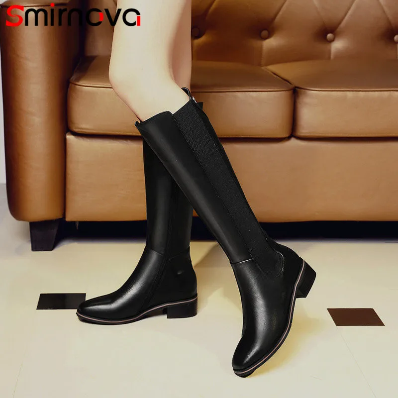 

Smirnova 2018 fashion autumn winter shoes woman square toe knee high boots women low heel genuine leather prom ladies boots
