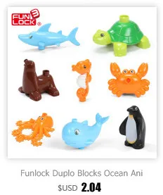 Funlock Duplo, игрушки, фигурки животных на ферме, кролик, кошка, собака, корова, пони, свинья, овца, петух, развивающие игрушки для детей, подарки