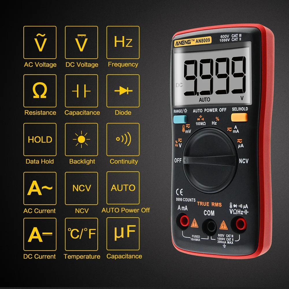 

Digital Ammeter Voltmeter Auto Range Multimeter 9999 counts With Backlight AC/DC Ohm Transistor Tester multimeter AN8008 AN8009